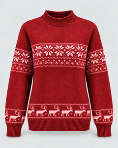 Women's Fair Isle Mock Neck Christmas Sweater with Reindeer Hem