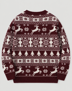 Jersey Navideño Mujer Fair Isle Renos y Abetos Cuello Redondo