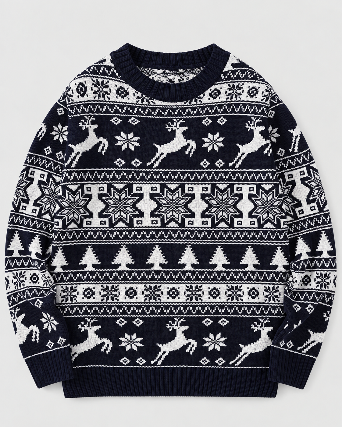 Jersey Navideño Mujer Fair Isle Renos y Abetos Cuello Redondo