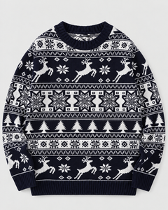 Jersey Navideño Mujer Fair Isle Renos y Abetos Cuello Redondo