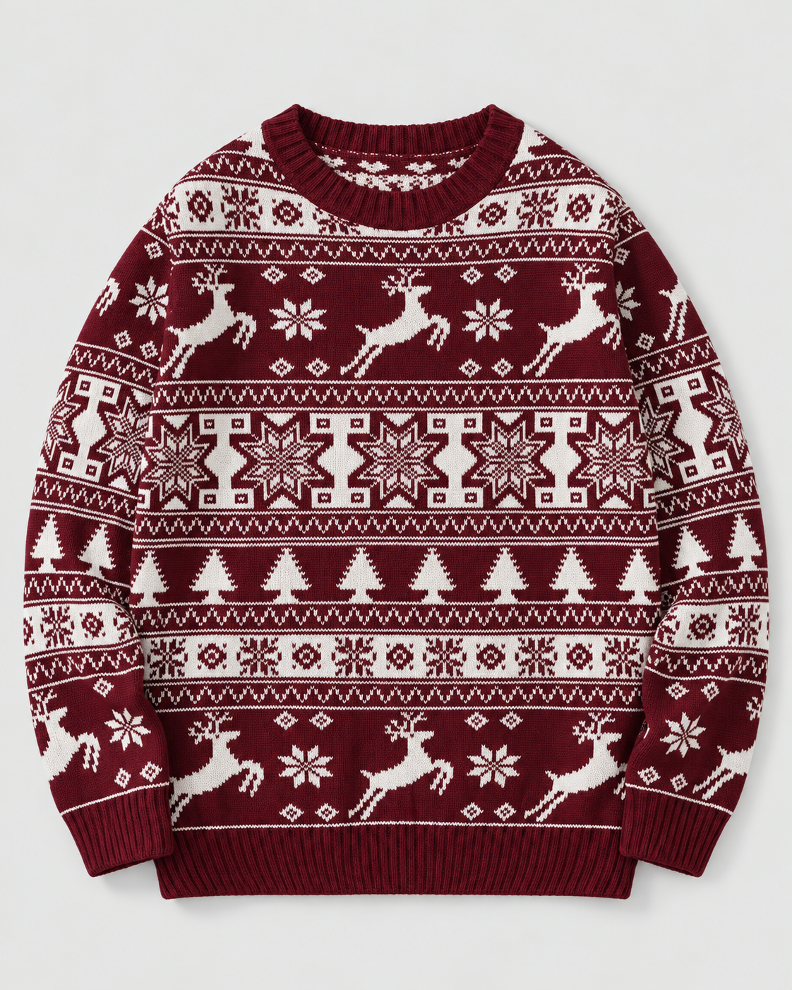 Jersey Navideño Mujer Fair Isle Renos y Abetos Cuello Redondo