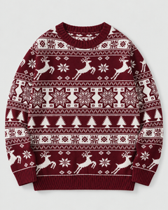 Jersey Navideño Mujer Fair Isle Renos y Abetos Cuello Redondo