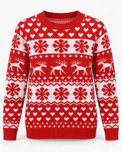 Jersey Navideño Mujer Rojo Renos Copos y Corazones Cuello Redondo