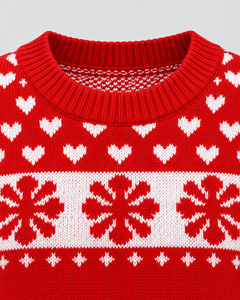 Jersey Navideño Mujer Rojo Renos Copos y Corazones Cuello Redondo