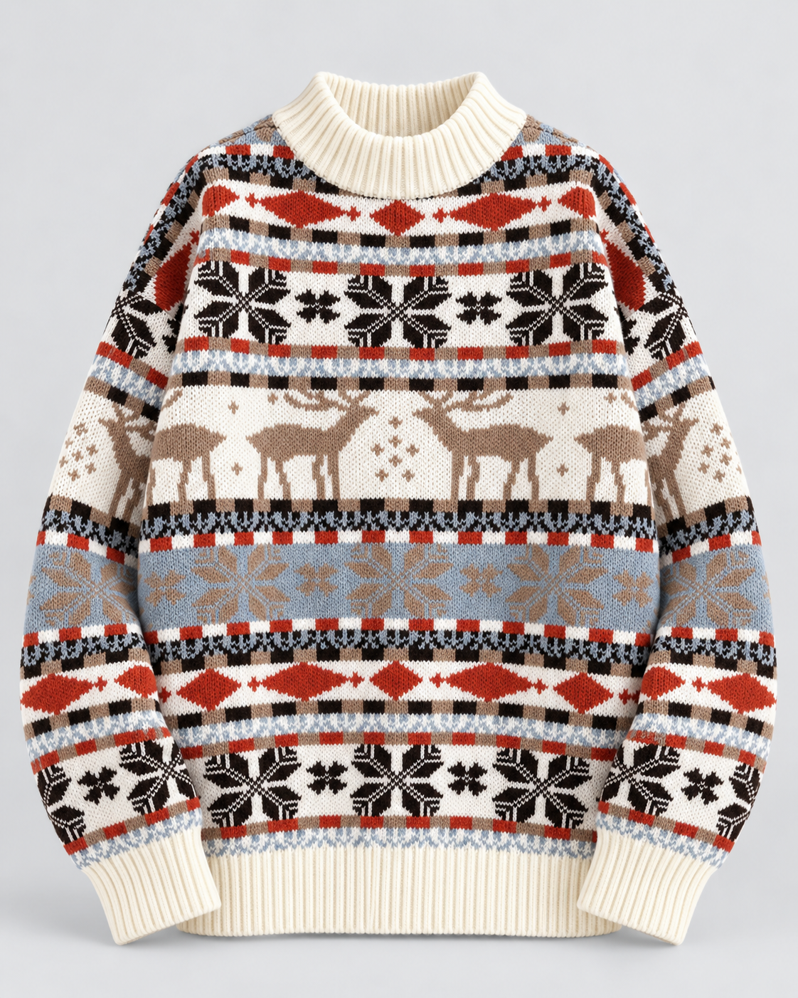 Jersey Navideño Mujer Cuello Alto Renos Terracota y Celeste