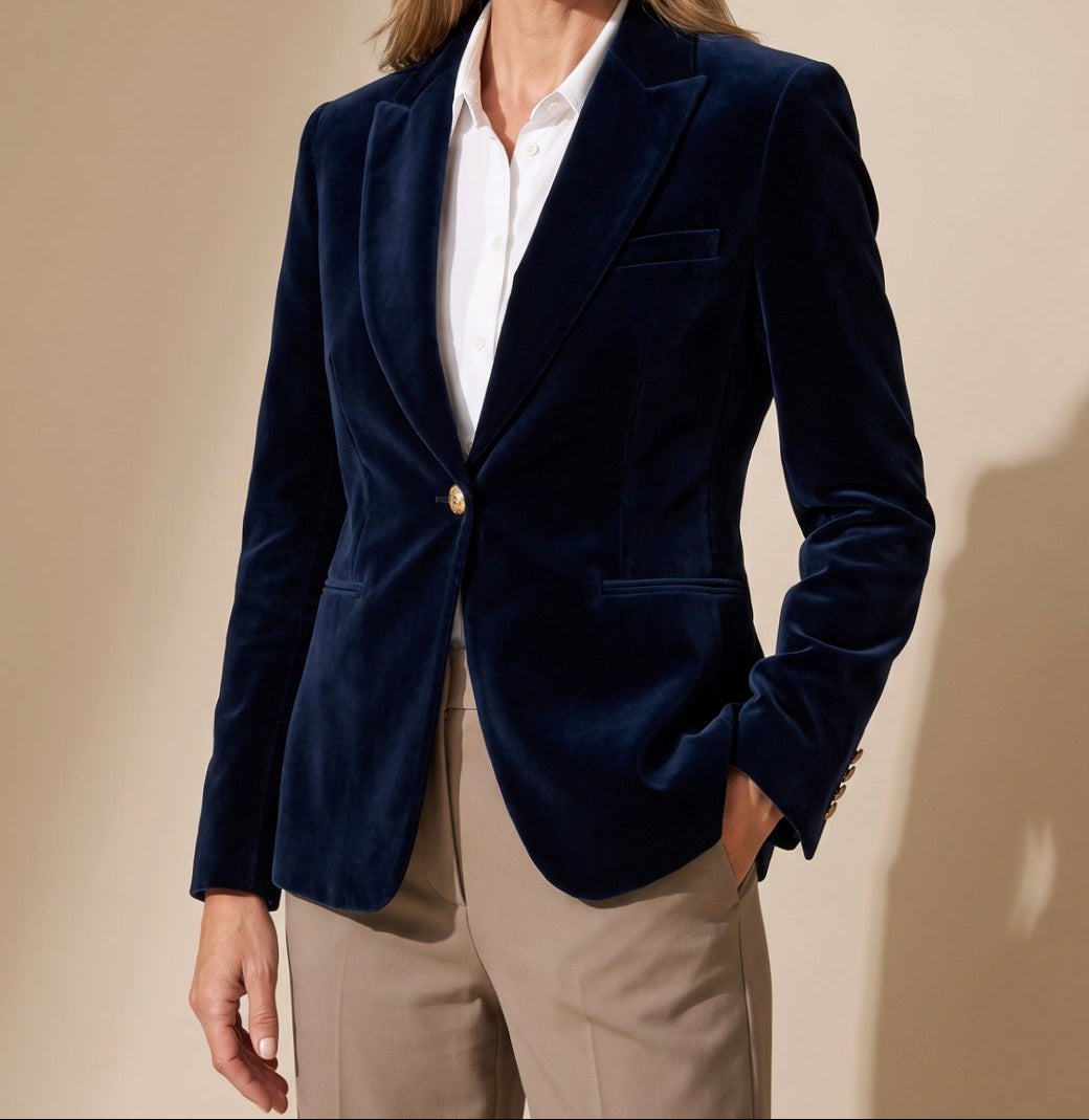 Blazer Mujer Entallado Botón Dorado con Puños Decorativos