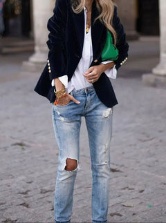 Blazer Mujer Entallado Botón Dorado con Puños Decorativos