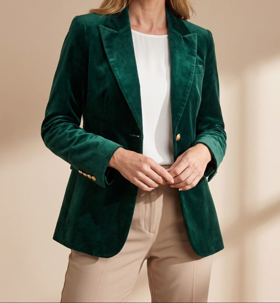 Blazer Mujer Entallado Botón Dorado con Puños Decorativos