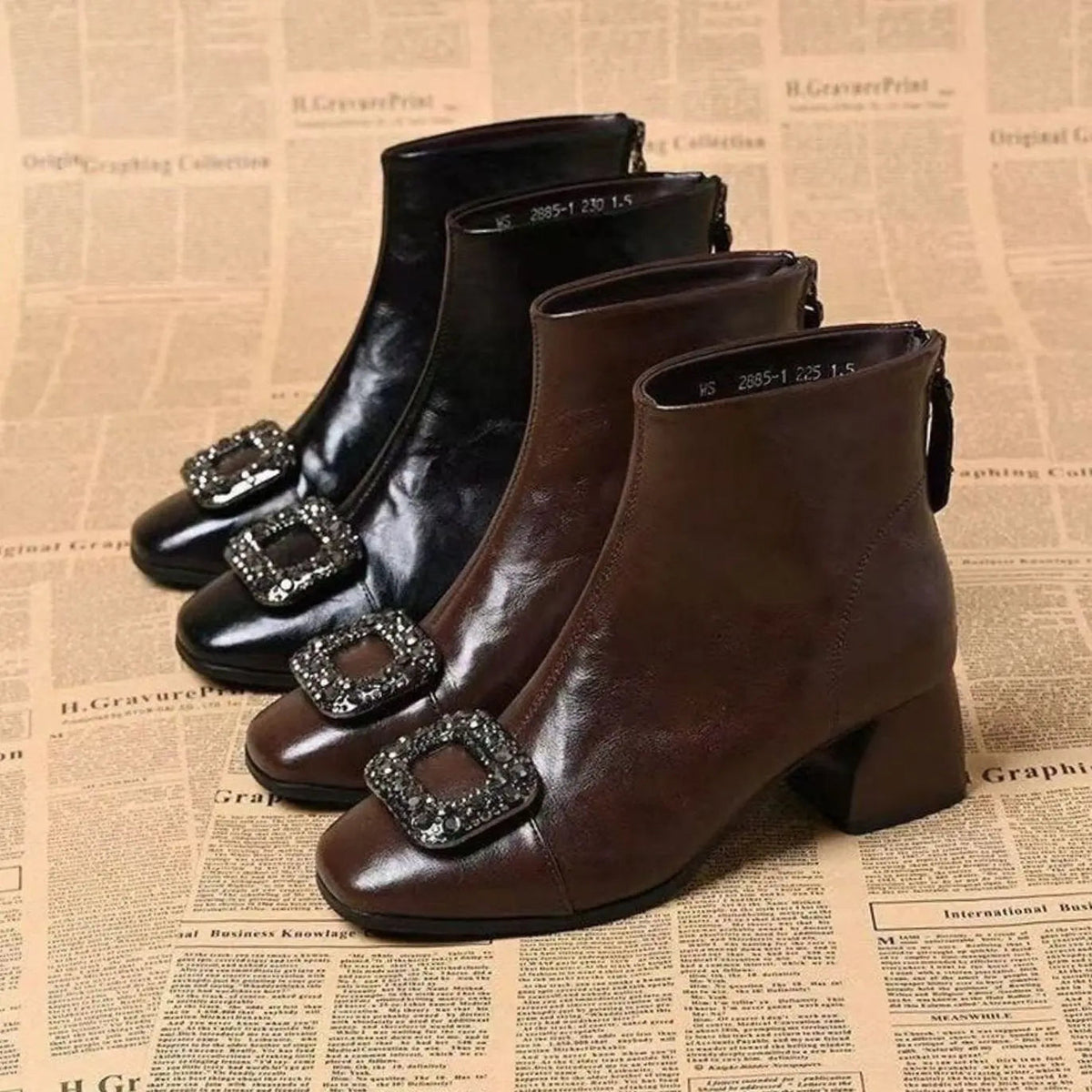 Women's Square Toe Block Heel Buckle Ankle Boots