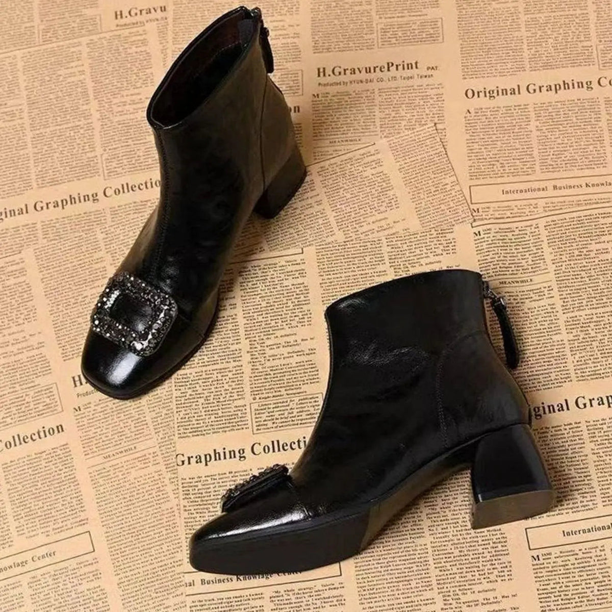 Women's Square Toe Block Heel Buckle Ankle Boots